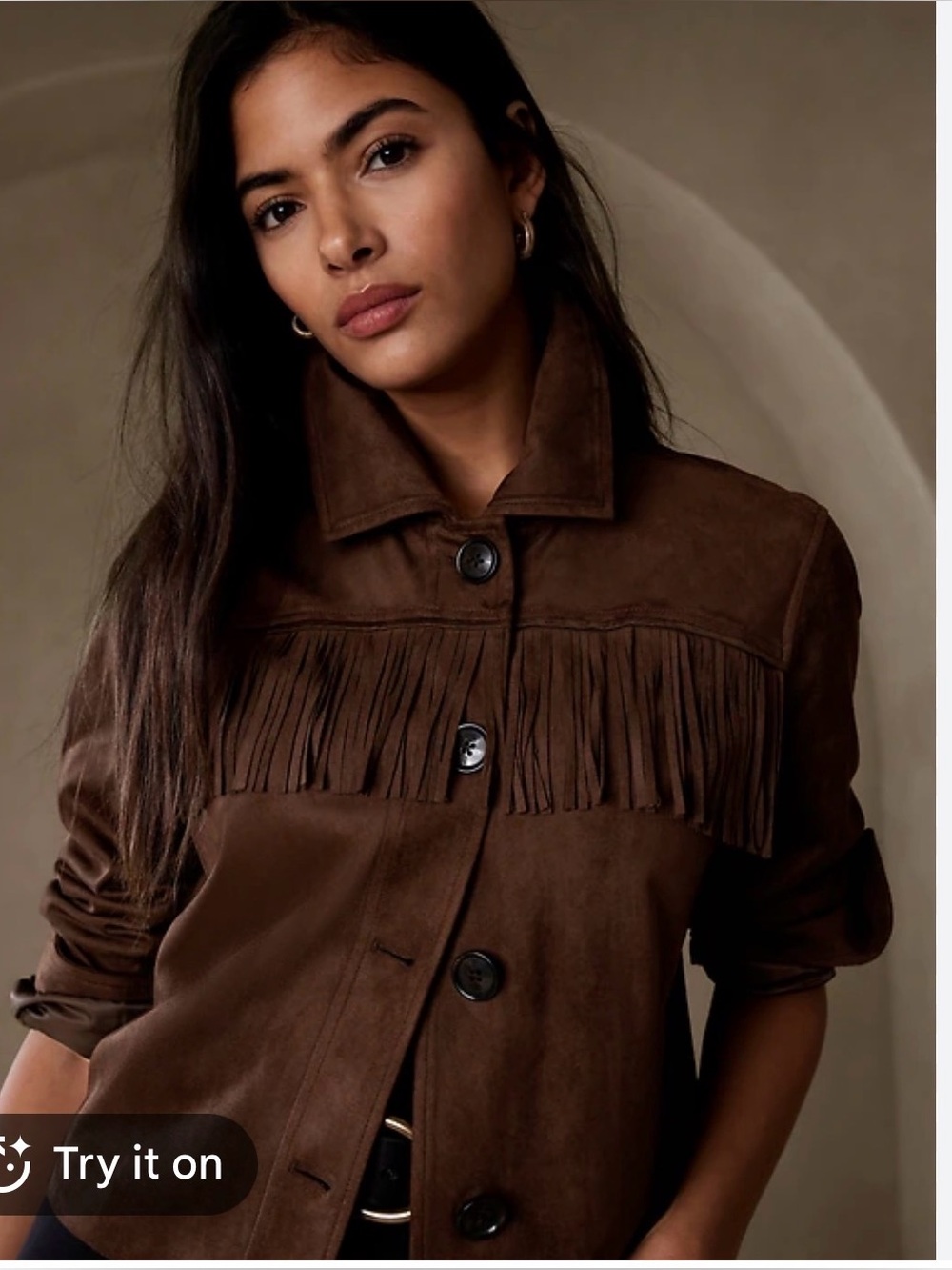 Banana Republic Vegan Fringe Faux Suede Jacket Brown Size Small EUC